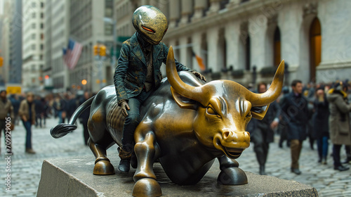 Cosmic Visitor Rides the Wall Street Bull, New York