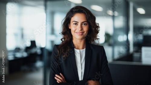 A successful brunette businesswoman looking confident and smiling in a modern office.