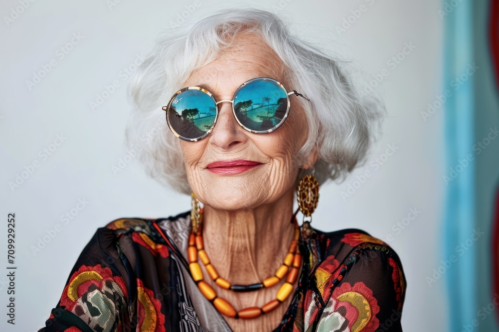Smiling senior woman in stylish sunglasses and shirt
