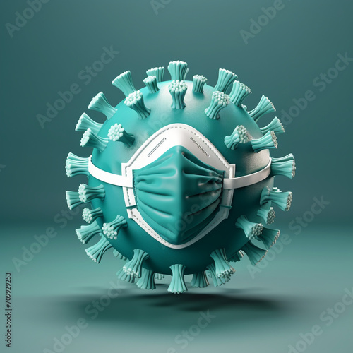 Minimalistic 3D medical illustration, one virus resists a medical mask, on the topic of prevention of viral diseases created with Generative Ai