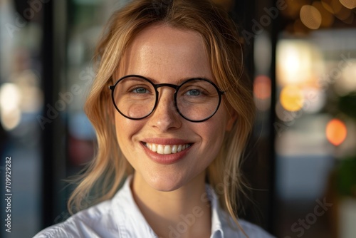 Smiling beautiful businesswoman wearing eyeglasses
