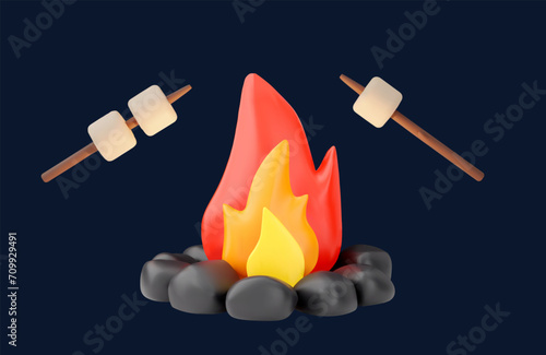 Burning bonfire or campfire laid cobblestones flame, frying marshmallows on the sticks, vector 3d realistic camping