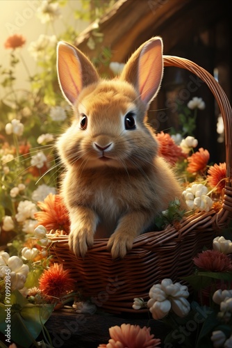 A basket with adorable bunny  decorated with flowers and filled with eggs and treats.