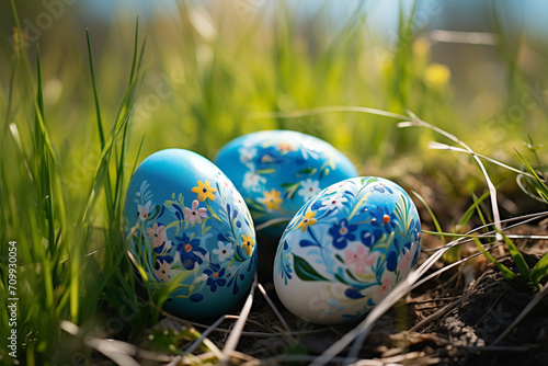 Beautiful painted easter eggs in grass