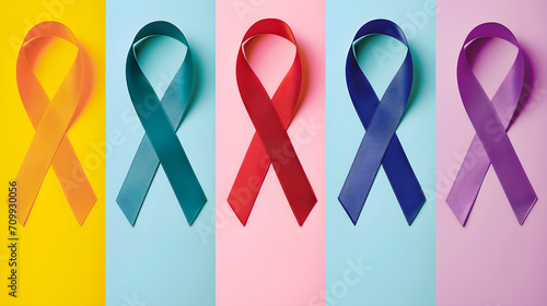 Colorful ribbons on pink background, cancer awareness, World cancer day, National cancer survivor day photo