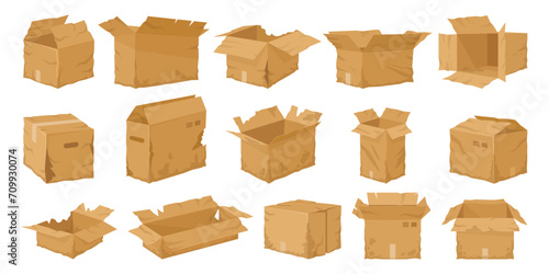 Crumpled cardboard boxes. Broken carton delivery package, wet, damaged, torn shipping containers flat vector illustration set. Damaged cardboard boxes