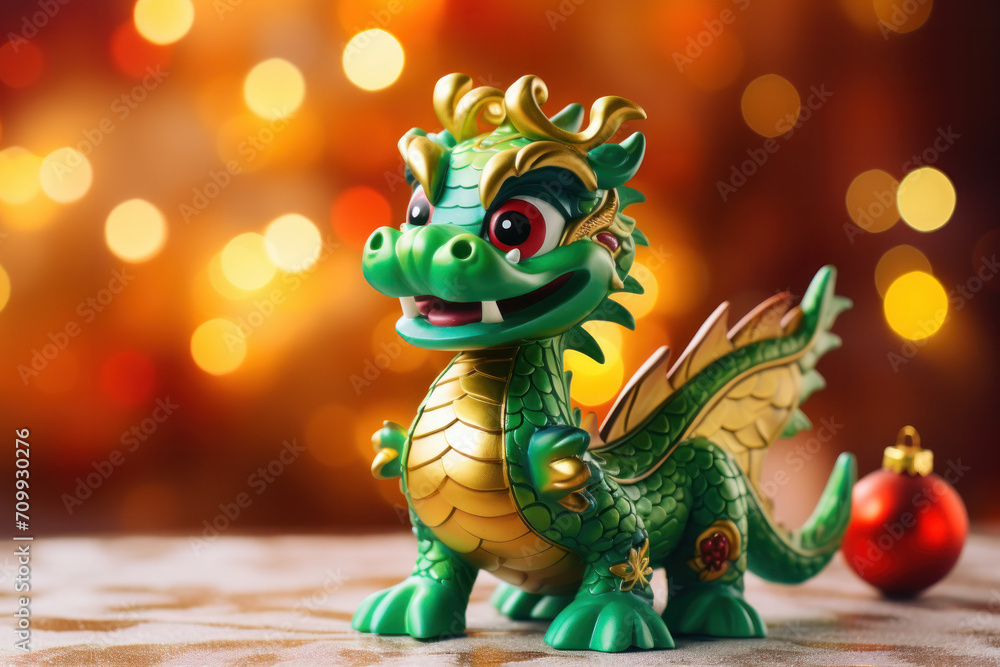 Naklejka premium Green dragon toy close up, symbol of a Chinese year 