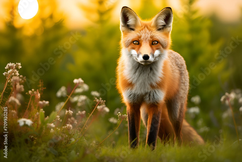 A red fox on a green meadow