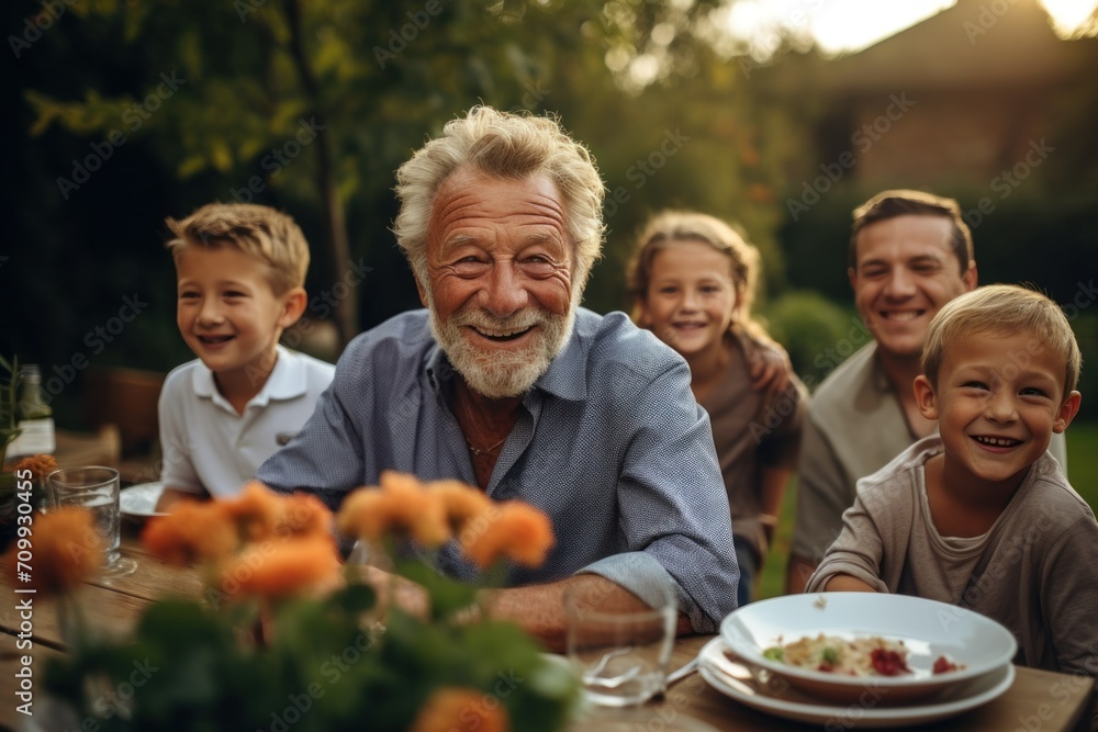Family enjoying an outdoor meal in a garden setting. Portrait of a smiling senior man sitting at a table with his family