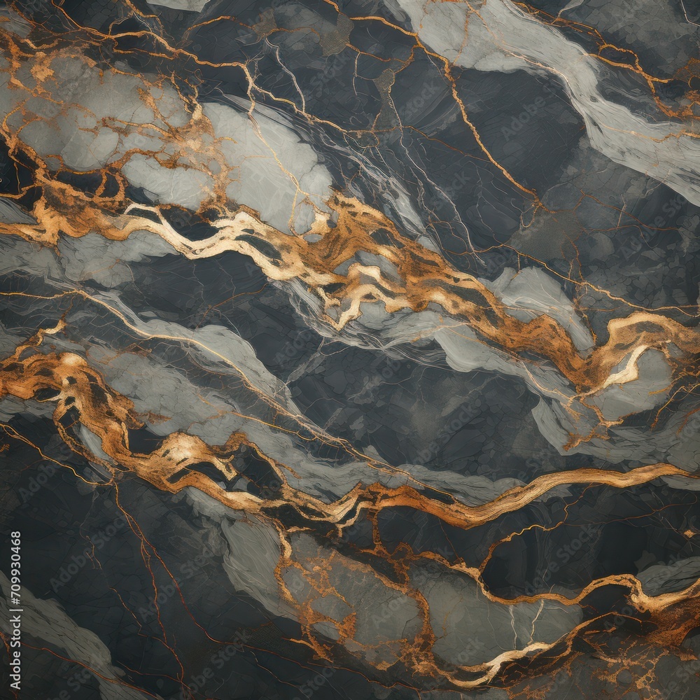 Fototapeta premium Abstract gray marble texture with gold splashes, blue luxury background