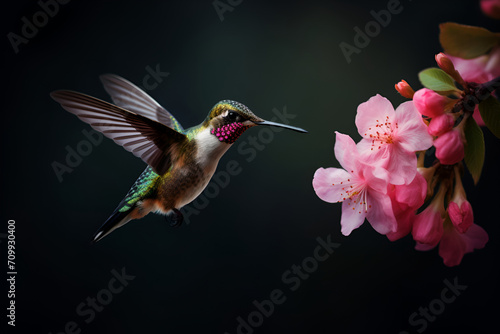 A hummingbird hovers close to the blooming branches of cherry blossoms © Alina