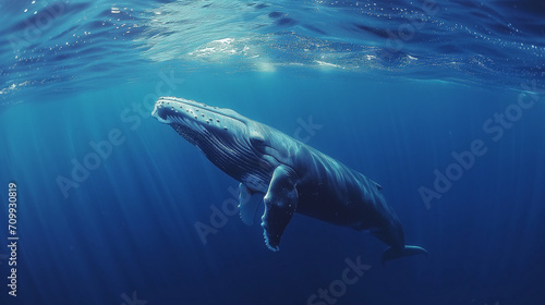 Seascape with Whale tail. The humpback whale (Megaptera novaeangliae) tail, A Humpback Whale and her calf swimming below oceans surface, whale in half air photo