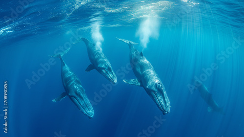 Seascape with Whale tail. The humpback whale (Megaptera novaeangliae) tail, A Humpback Whale and her calf swimming below oceans surface, whale in half air © Sweetrose official 
