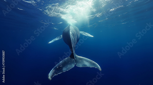 Seascape with Whale tail. The humpback whale (Megaptera novaeangliae) tail, A Humpback Whale and her calf swimming below oceans surface, whale in half air © Sweetrose official 