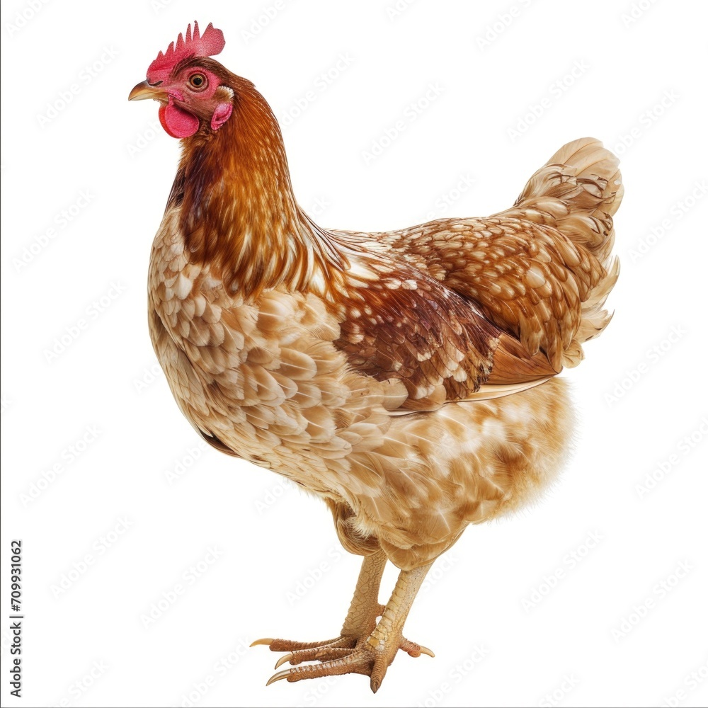Fototapeta premium A brown and white chicken standing on a white surface.