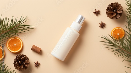Natural Winter Skincare Cosmetics Composition with Pump Bottle and Cream Jar on Beige Background