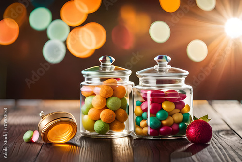 flavored and colorful candies in glass jars photo