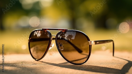 Retro aviator sunglasses model with big black lenses closeup . Selective focus.