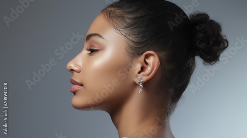 Sideview Minimal profile portrait of ethnic young woman smiling with acne scars on face and ear piercings. 