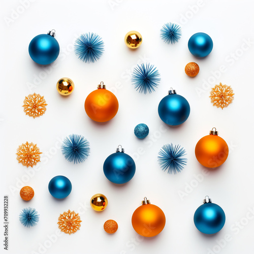 blue and orange Christmas tree toys top view on a white background created with Generative Ai