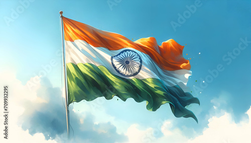 Watercolor waving flag of india against blue sky. photo
