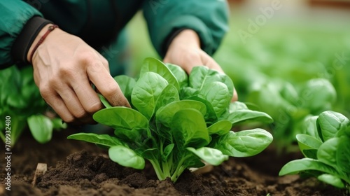 Spinach harvest field closeup hand fresh vegetable cook Spinacia oleracea detail growing seedlings farm plant farming. Young leaves leaf leafy green rows agriculture bio organic cultivation Europe.


 photo