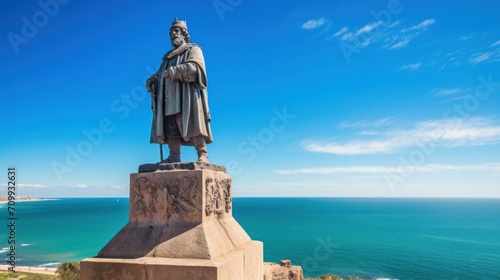 Statue of the famous Portuguese explorer Vasco da Gama overlooking the beach of Praia Vasco da Gama in Sines, Portugal.


