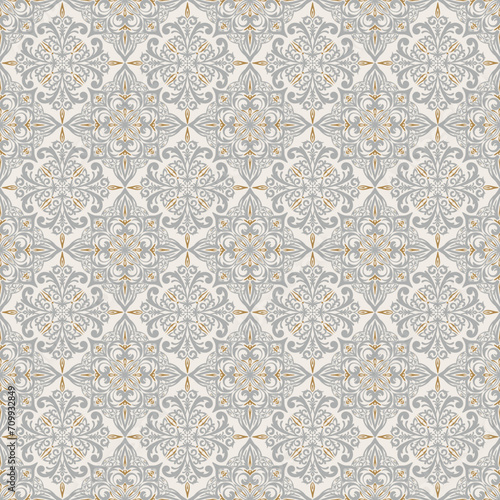 Seamless pattern with classic ornament. Beige background with victorian ornaments for fabric, ceramic tiles, wallpapers, design. Textile print for arabic scarf. © Kate