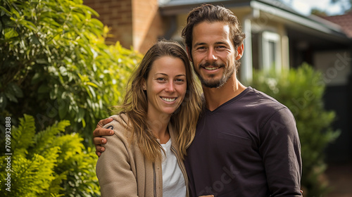 Portrait of happy couple standing together infront of their new home photo