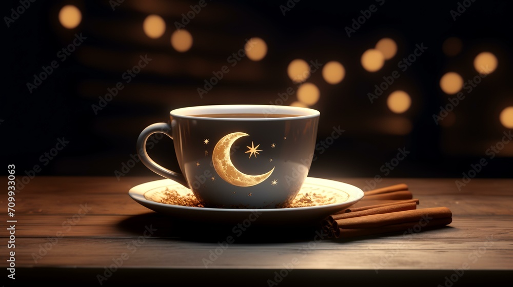 Obraz premium Cup of coffee with steam and bokeh lights on background