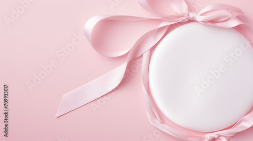 Celebrate International Women's Day with this empowering concept! Top view photo of a white circle and silk ribbon on an isolated pastel pink background, providing copyspace for your promotional
