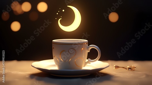 Cup of coffee on wooden table with bokeh background.