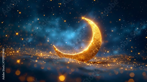 Ramadan Kareem background with crescent moon and stars. 3D rendering