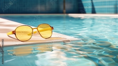 Swim board with Goggles on beside of the swimming pool in sports center. swimming training concept. banner copy space for text.    © Tumelo