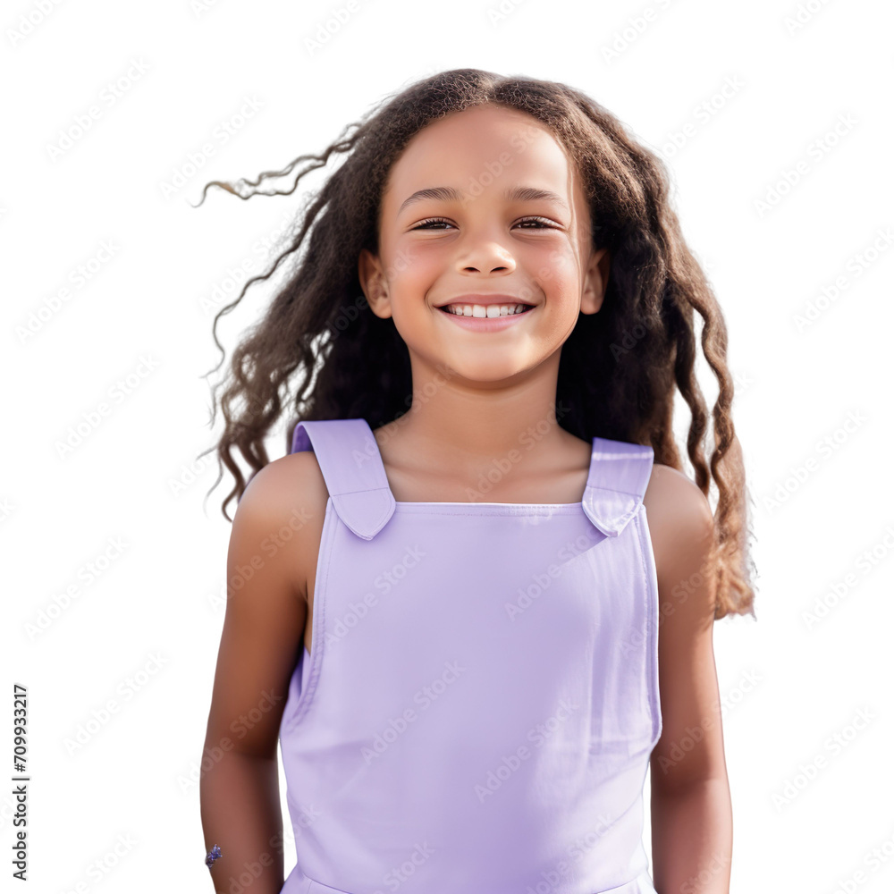 Front view mid shot of a white 10-year-old girl wearing a lovely lavender jumpsuit, smiling on a white background Front view mid shot of a white 10-year-old girl wearing a lovely lavender jumpsuit, smiling on a white background