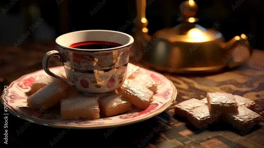 Fototapeta premium Cup of coffee and cookies on table in cafe, closeup