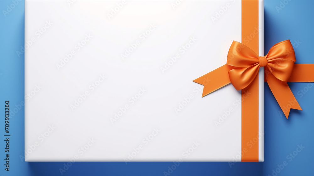 There is an open rectangular empty white box on an orange table, a blue ribbon lies next to it created with Generative Ai There is an open rectangular empty white box on an orange table, a blue ribbon lies next to it created with Generative Ai