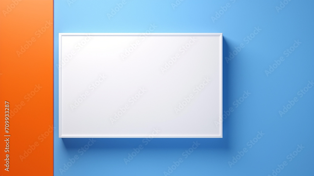 Naklejka premium There is an open rectangular empty white box on an orange table, a blue ribbon lies next to it created with Generative Ai