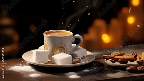 Cup of coffee with Turkish delight on wooden table in front of fireplace