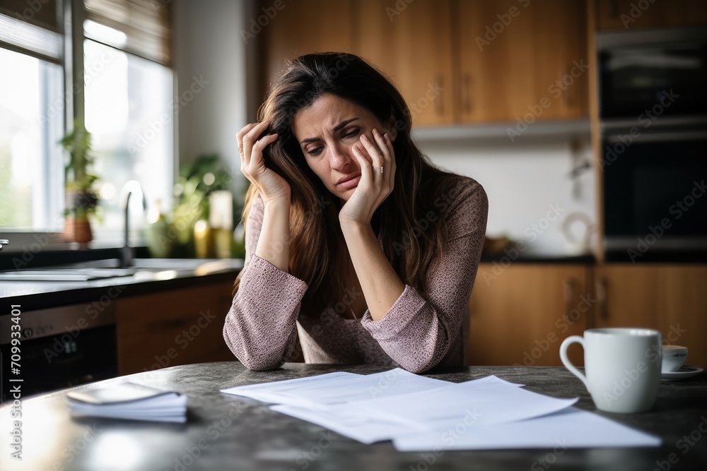 European woman looks at gas bills and cries, kitchen, photographer European woman looks at gas bills and cries, kitchen, photographer