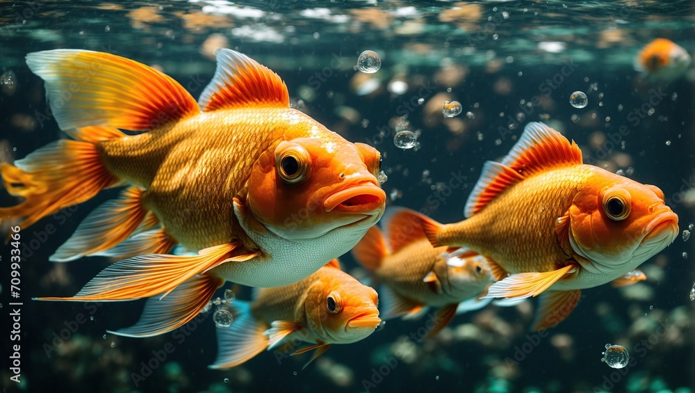 A majestic goldfish swimming gracefully in a crystal clear blue ocean, surrounded by shimmering bubbles A majestic goldfish swimming gracefully in a crystal clear blue ocean, surrounded by shimmering bubbles