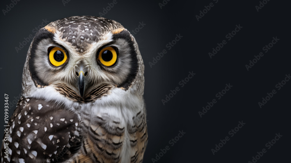 Fototapeta premium A hawk owl is in an alert position isolated on gray background