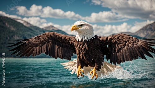  A majestic bald eagle soaring over the crystal clear waters, its powerful wings spread wide as it glides effortlessly through the air
