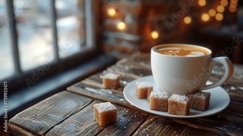 Coffee cup and sugar cubes on wooden table in cafe.