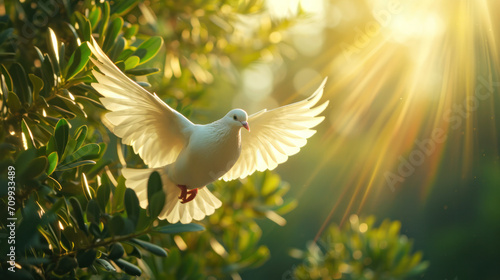 Flying dove in the garden, symbol of peace  © reddish