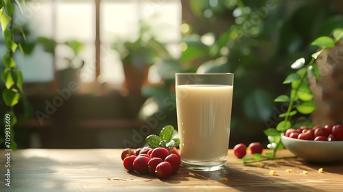 Glass of tasty milk and ripe cherries on wooden table in room