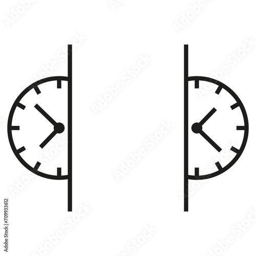 Wall mounted round mechanical clock with dial and hands. Vector illustration. 