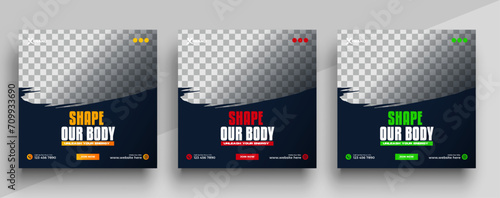 Gym and fitness social media post banner template with black yellow and blue color, Sports and Fitness social media post banner
