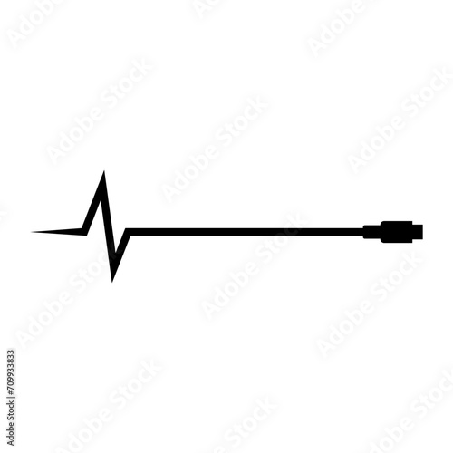 Long usb cable wire cord for charging a cell phone. Vector silhouette with current and voltage symbol. 
