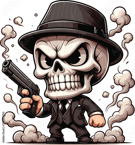 Skull mafia holding gun drawing in a suit outfit, chibi style